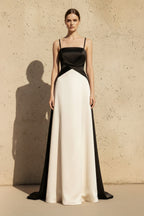 Robe longue black & ivory satinée à fines bretelles - Harana