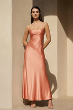 Robe midi coral pink satinée à fines bretelles - Harana