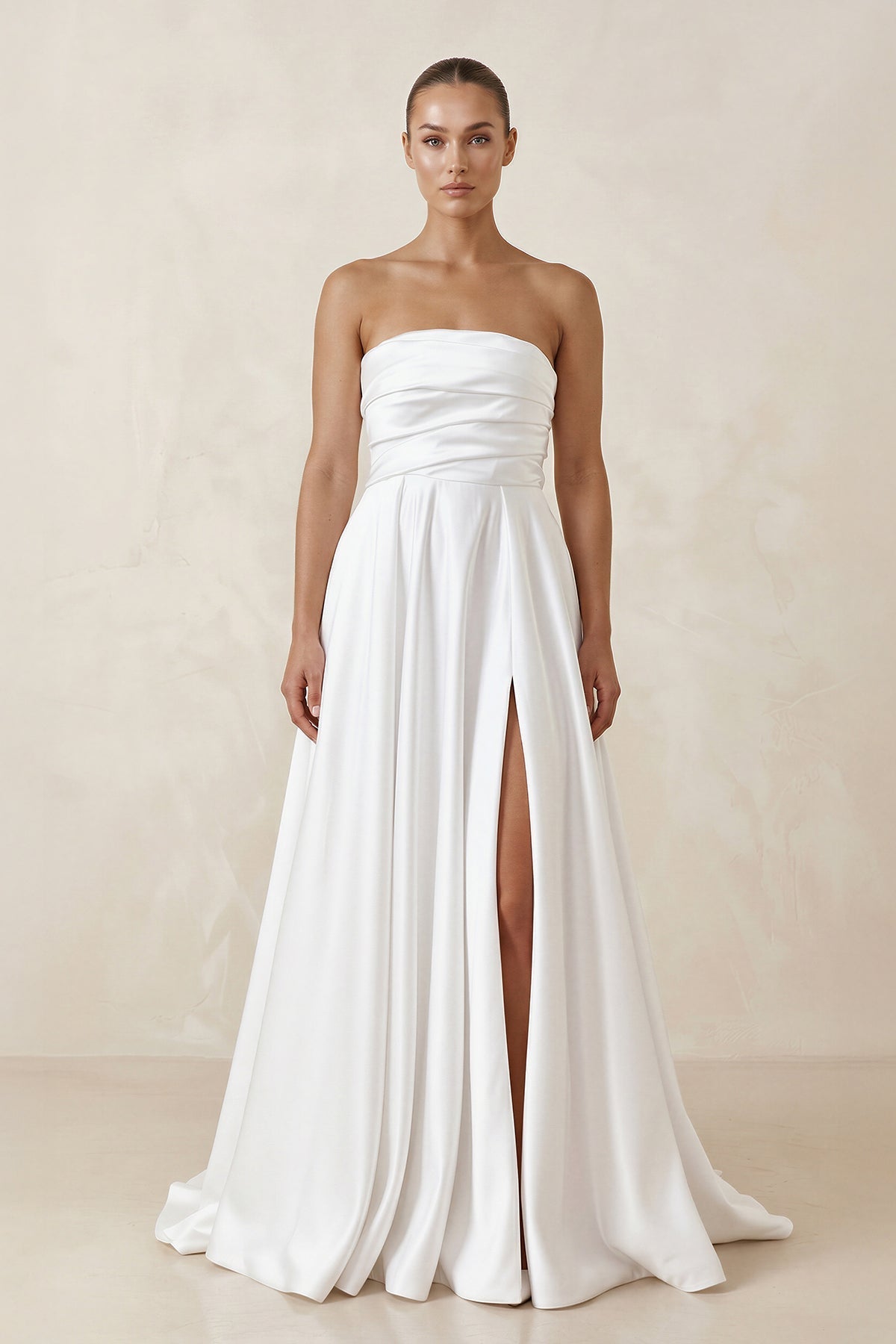 Robe de mariée blanche trapèze en satin bustier sans manches - Harana