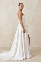 Robe de mariée blanche trapèze en satin bustier sans manches - Harana