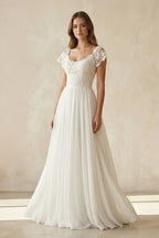 Robe de mariée blanche trapèze mousseline manches courtes - Harana
