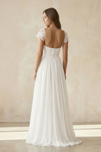 Robe de mariée blanche trapèze mousseline manches courtes - Harana