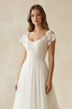 Robe de mariée blanche trapèze mousseline manches courtes - Harana