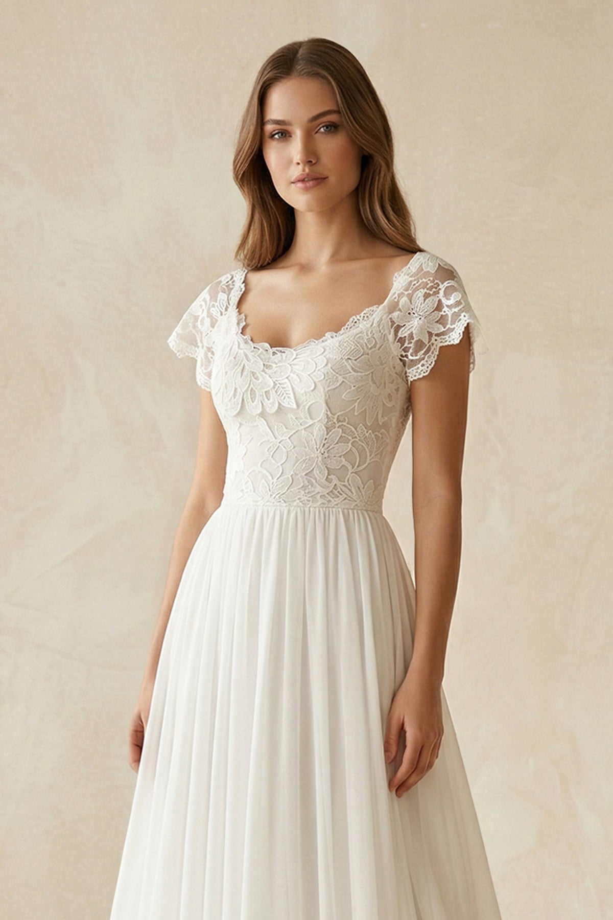 Robe de mariée blanche trapèze mousseline manches courtes - Harana