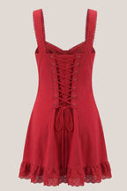 Robe rouge courte en dentelle et coton coupe trapèze à encolure arrondie - Harana