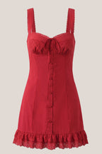 Robe rouge courte en dentelle et coton coupe trapèze à encolure arrondie - Harana