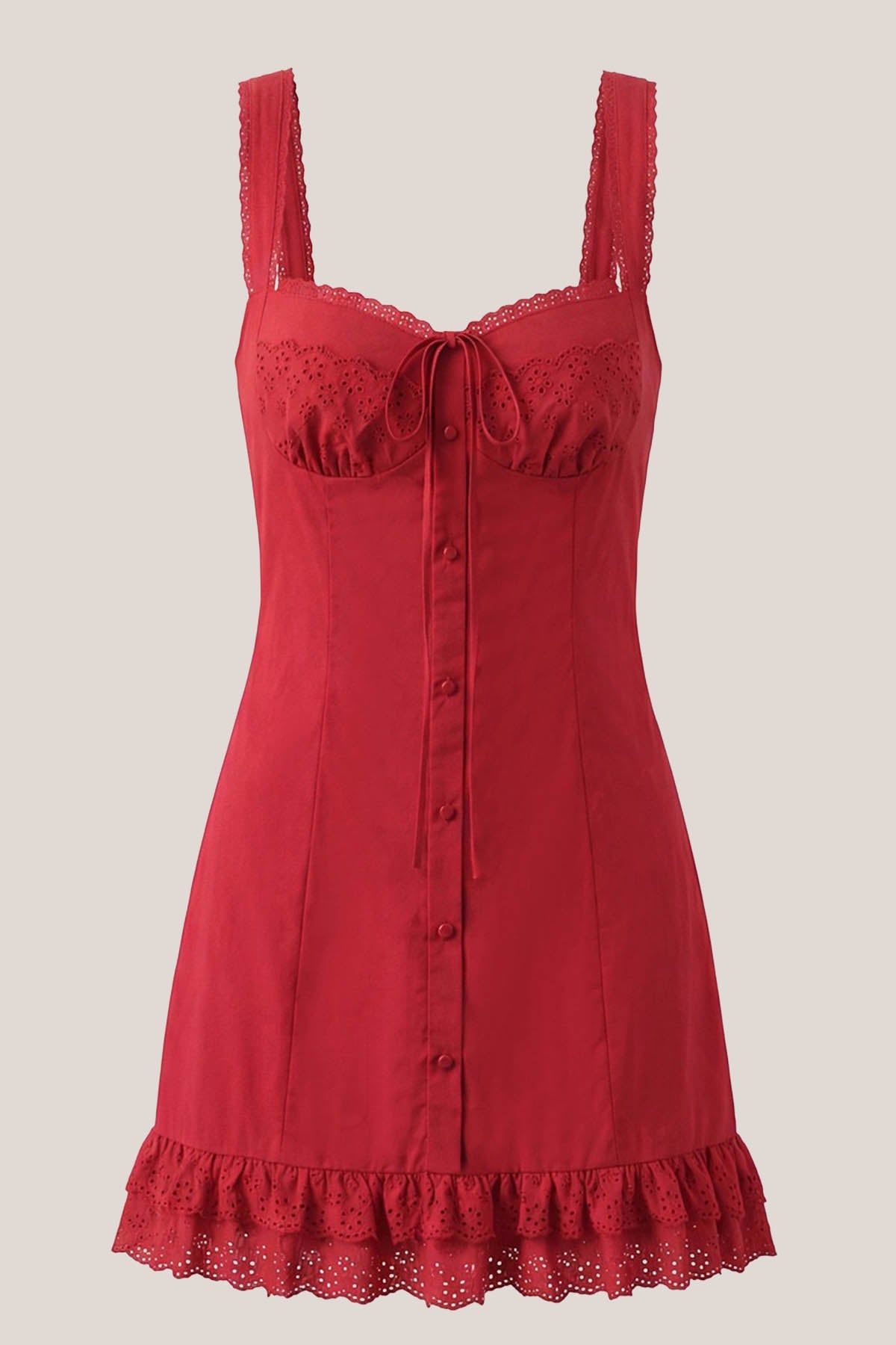 Robe rouge courte en dentelle et coton coupe trapèze à encolure arrondie - Harana