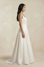 Robe de mariée ivoire trapèze en satin sans manches plissée - Harana