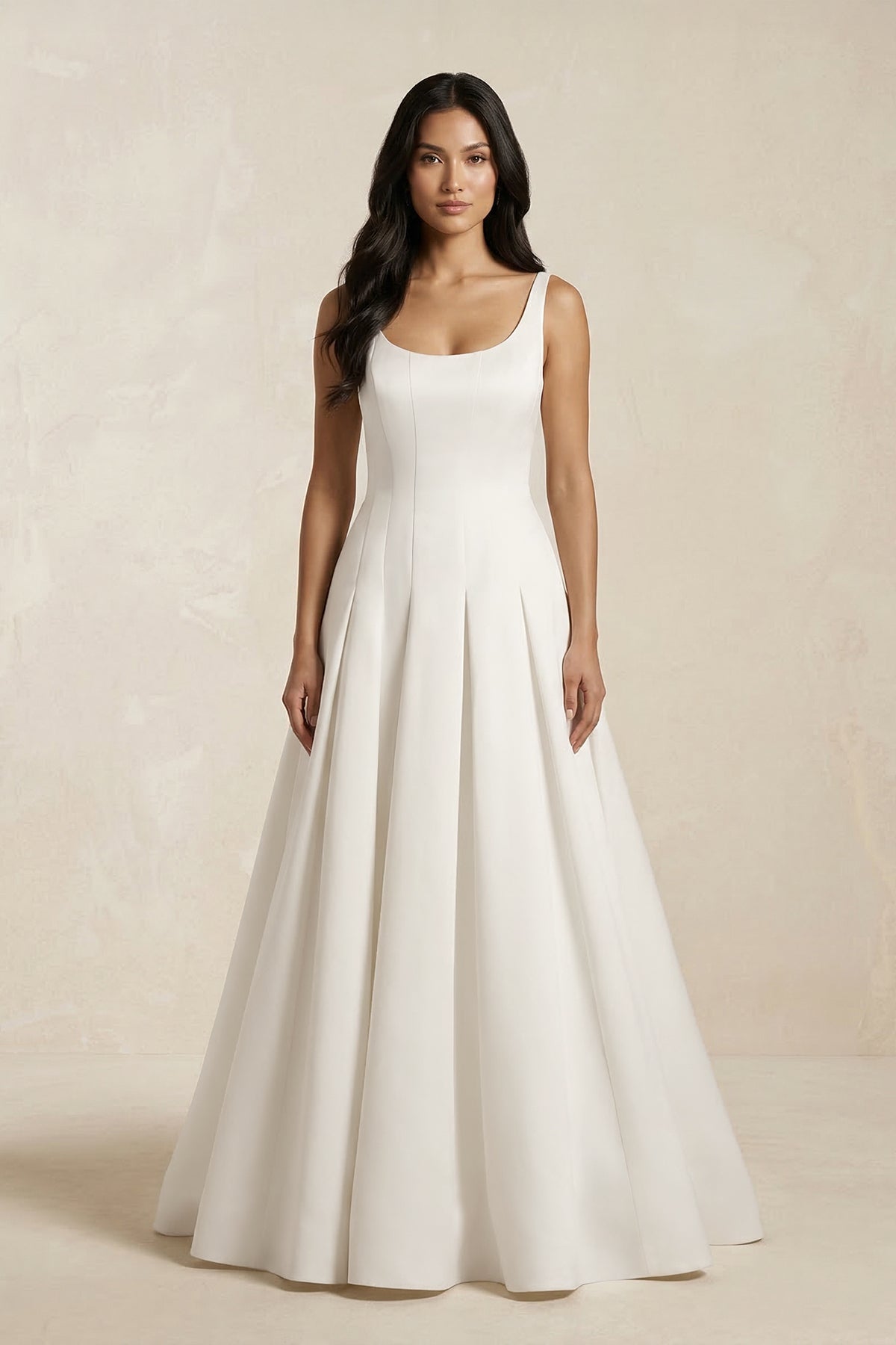 Robe de mariée ivoire trapèze en satin sans manches plissée - Harana