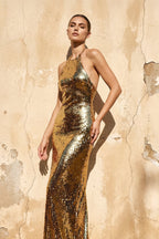 Robe longue doré pailletée dos nu - Harana