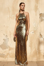 Robe longue doré pailletée dos nu - Harana