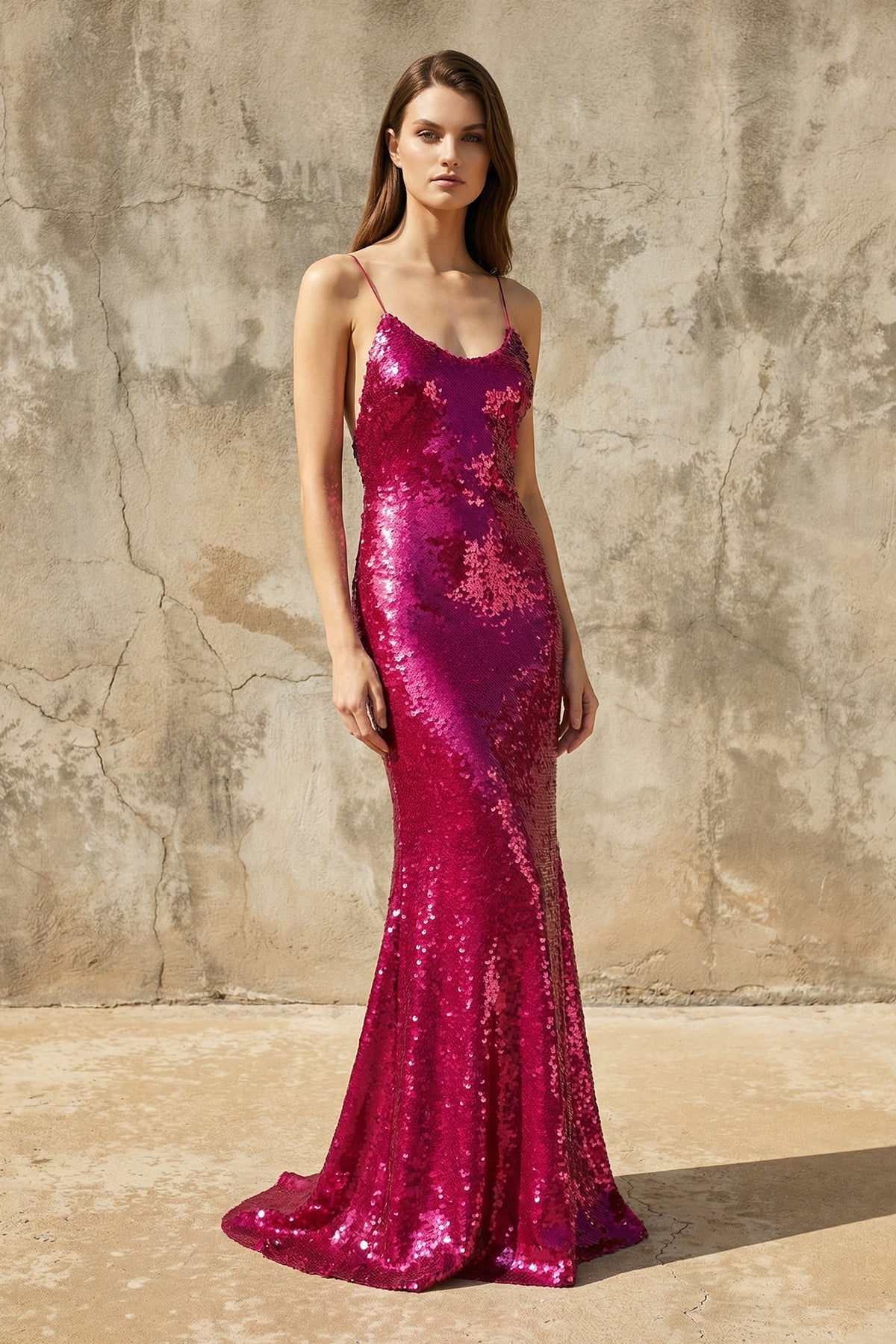 Robe longue fuchsia pailletée coupe sirène - Harana