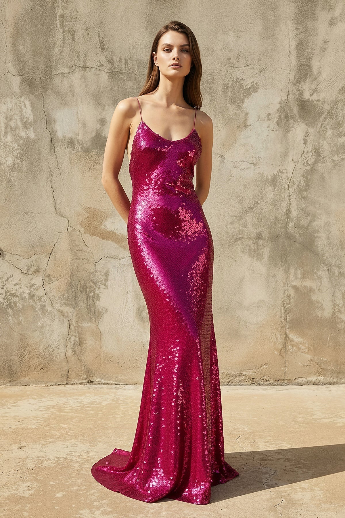 Robe longue fuchsia pailletée coupe sirène - Harana