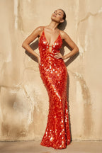 Robe longue orange pailletée coupe sirène - Harana