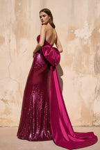 Robe longue fuchsia pailletée coupe sirène avec nœud - Harana