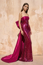 Robe longue fuchsia pailletée coupe sirène avec nœud - Harana
