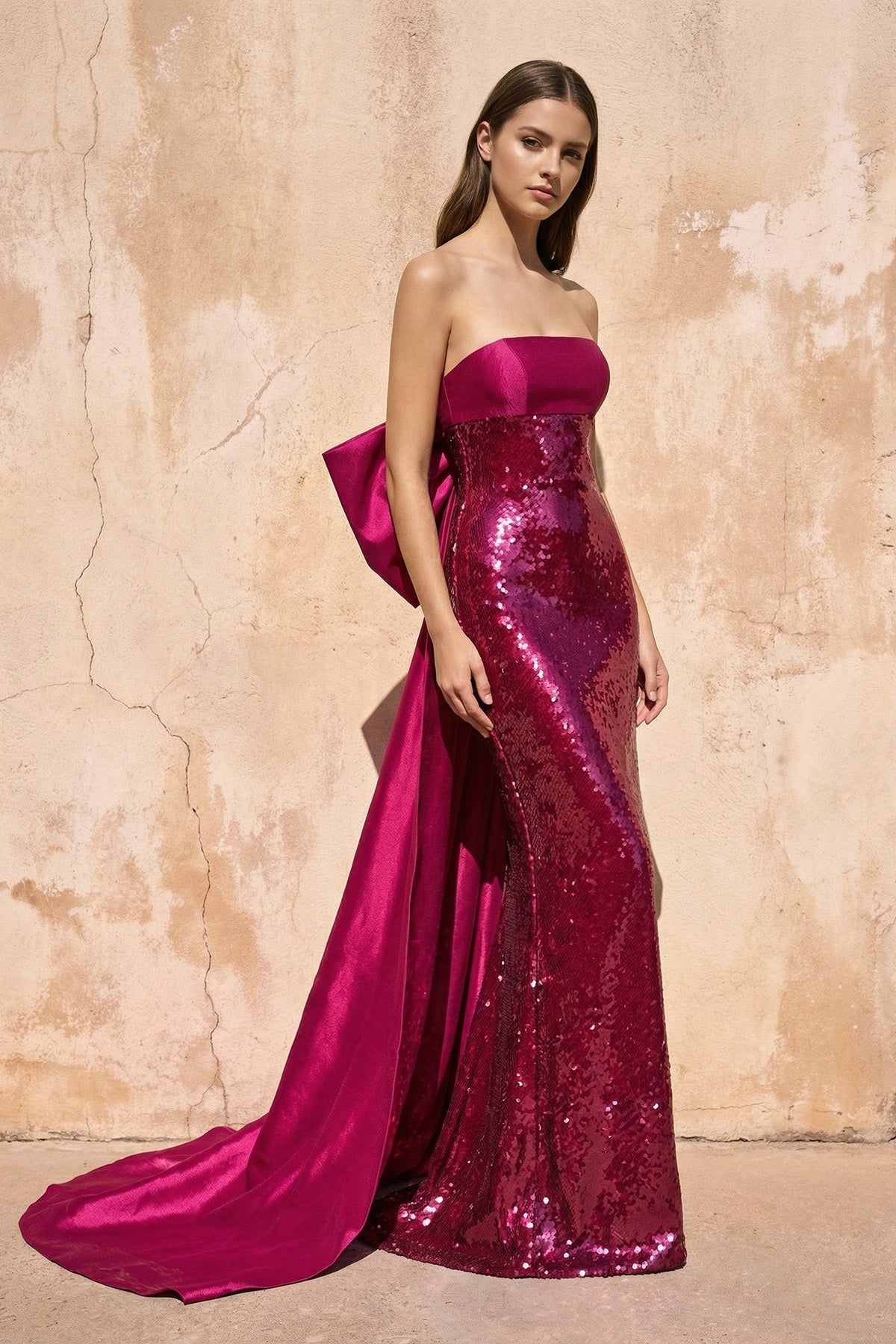 Robe longue fuchsia pailletée coupe sirène avec nœud - Harana