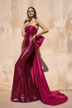 Robe longue fuchsia pailletée coupe sirène avec nœud - Harana