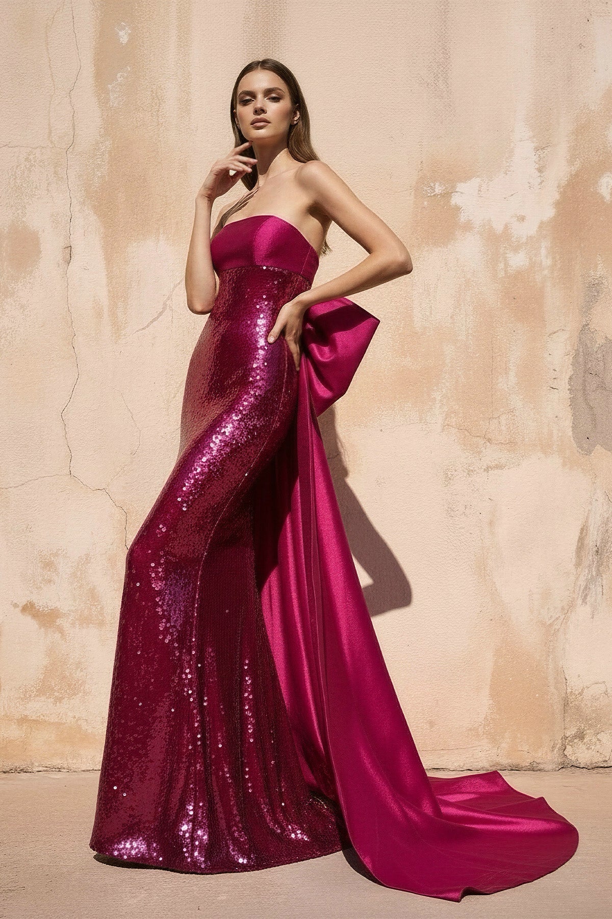 Robe longue fuchsia pailletée coupe sirène avec nœud - Harana