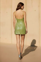 Robe courte vert sauge pailletée à fines bretelles - Harana