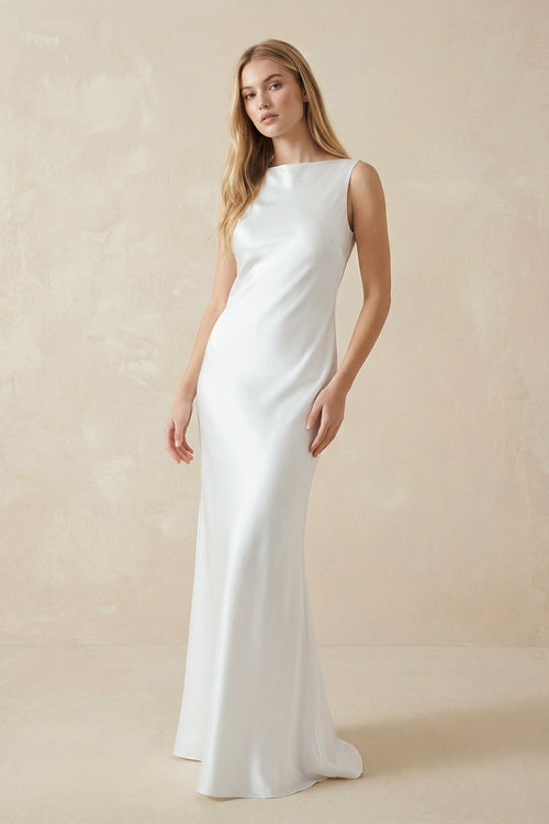 Robe de mariée blanche fourreau satinée dos nu sans manches - Harana