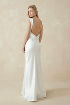 Robe de mariée blanche fourreau satinée dos nu sans manches - Harana