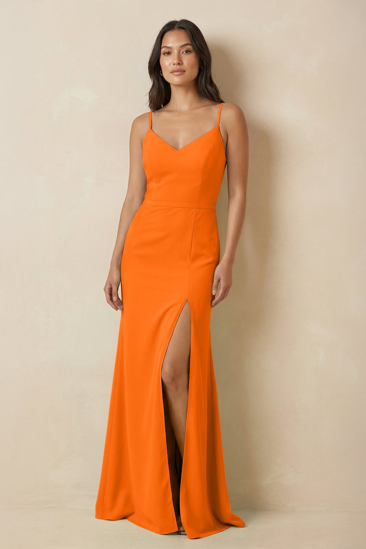 Robe longue orange en mousseline avec fente à fines bretelles - Harana