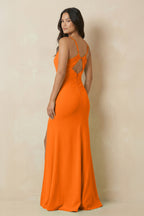 Robe longue orange en mousseline avec fente à fines bretelles - Harana