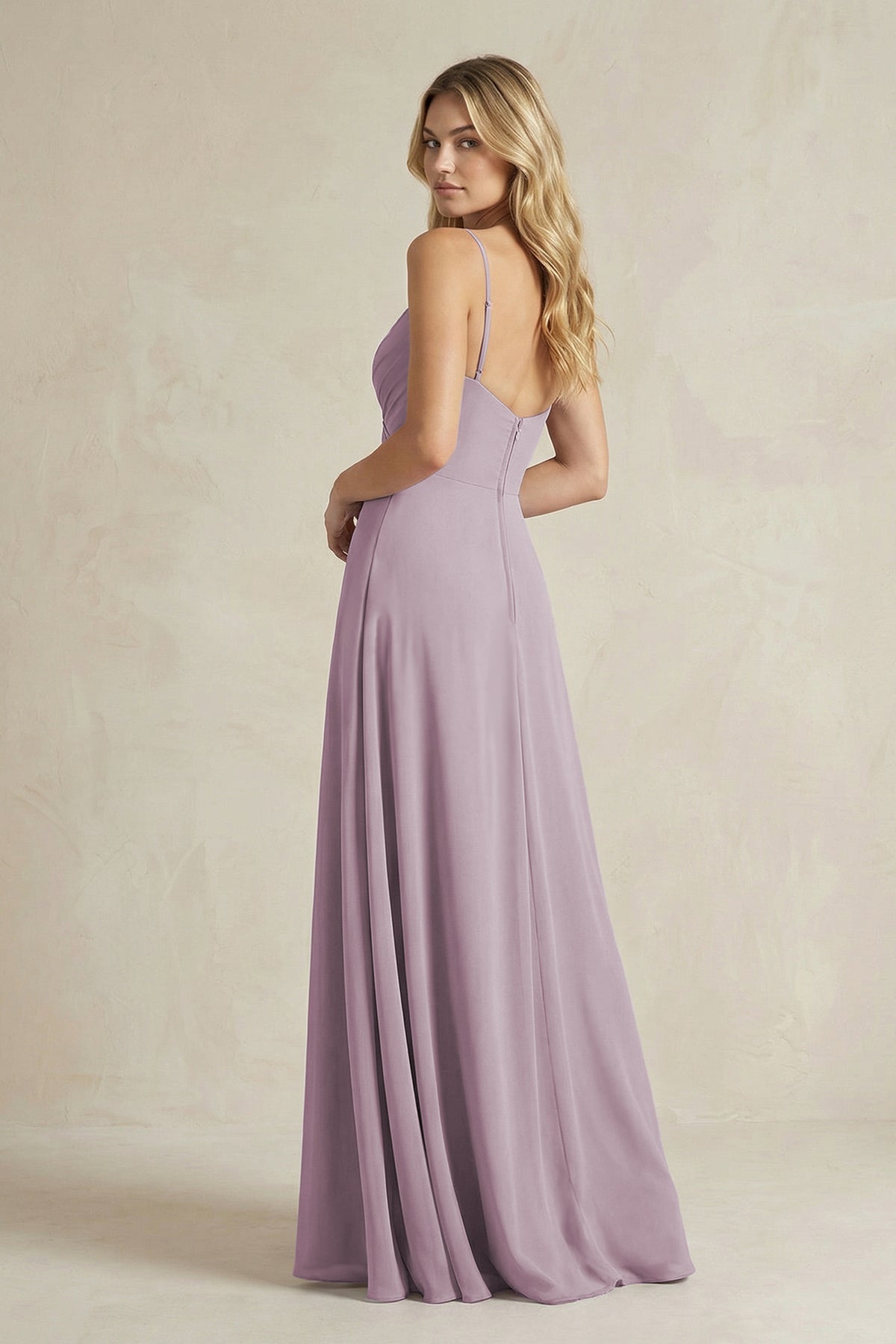 Robe demoiselle d’honneur mauve grisé longue à fines bretelles sans manches froncée - Harana