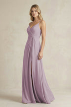 Robe demoiselle d’honneur mauve grisé longue à fines bretelles sans manches froncée - Harana