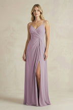Robe demoiselle d’honneur mauve grisé longue à fines bretelles sans manches froncée - Harana