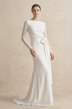 Robe de mariée blanche en mousseline coupe fourreau à encolure bateau et manches longues - Harana