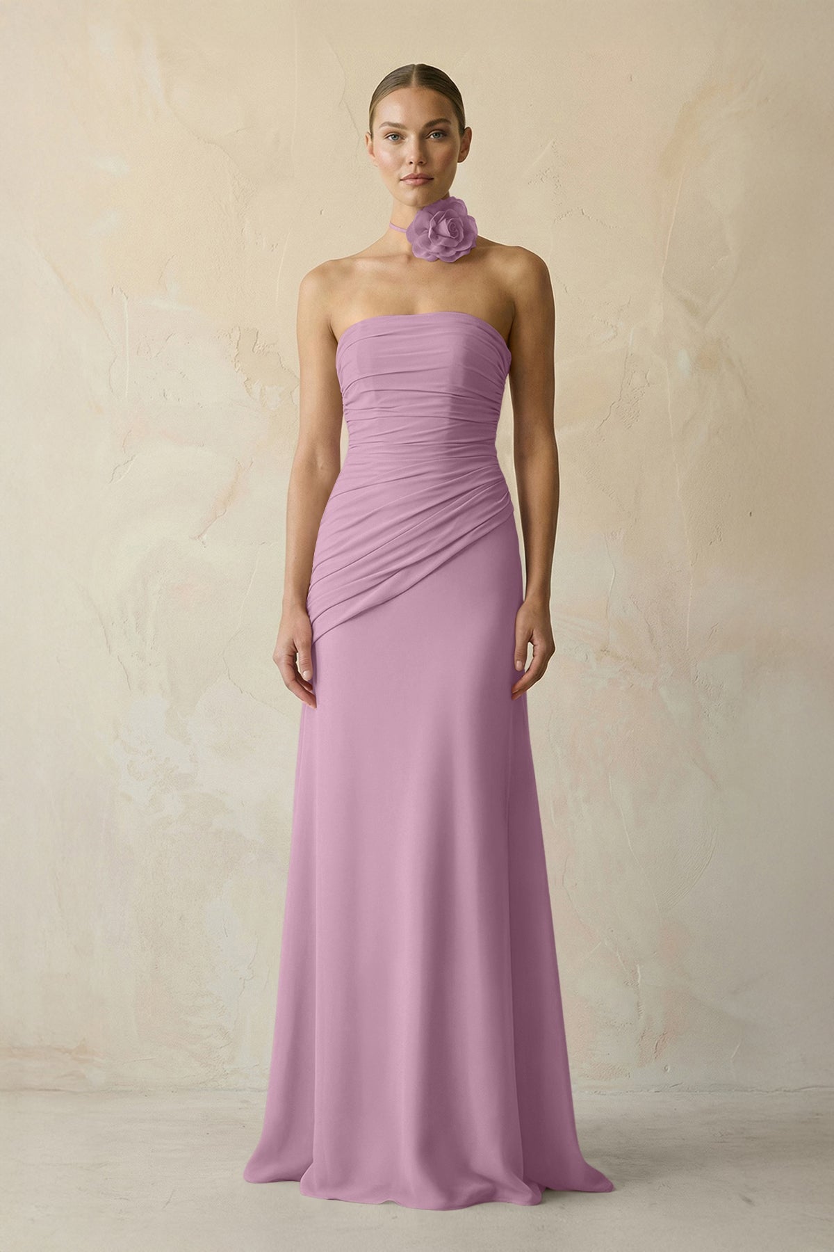 Robe demoiselle d’honneur glycine courte bustier sans manches plissée - Harana