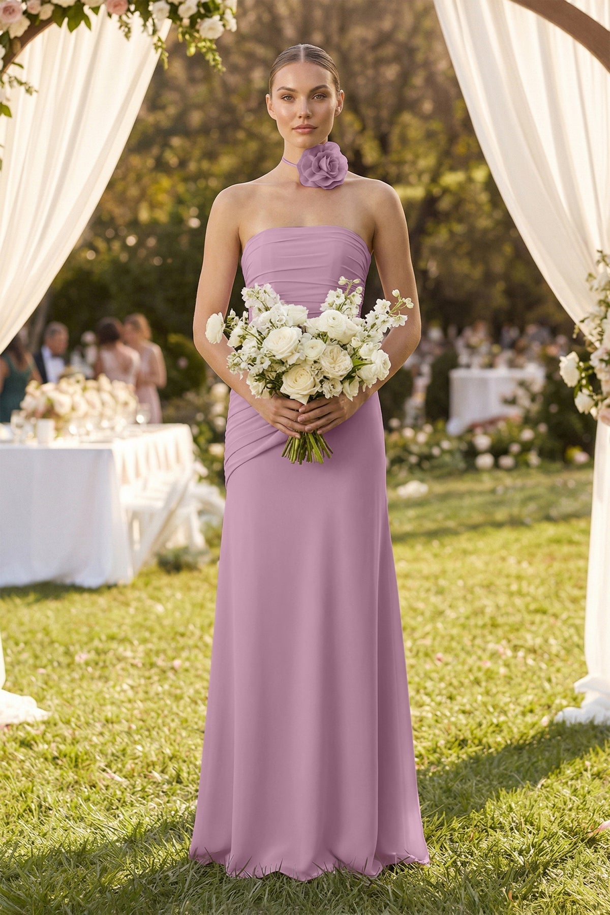 Robe demoiselle d’honneur glycine courte bustier sans manches plissée - Harana