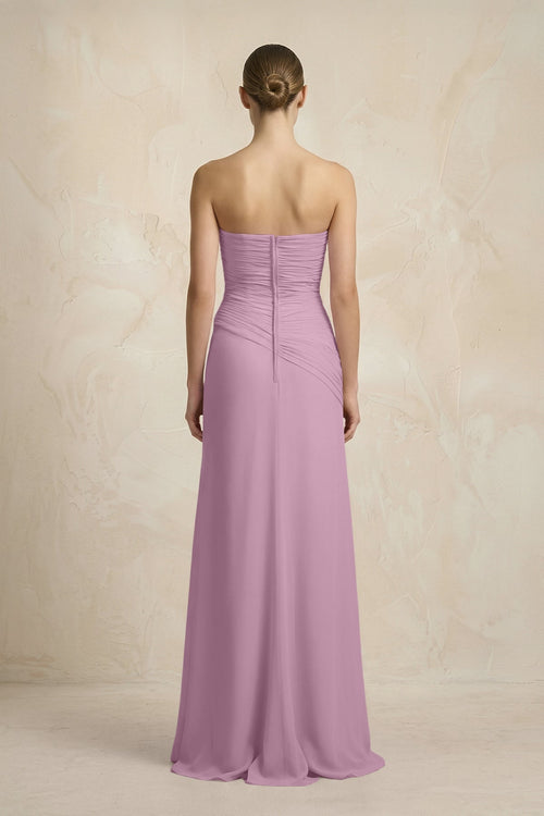 Robe de demoiselle d’honneur glycine longue en mousseline coupe fourreau bustier plissée - Harana