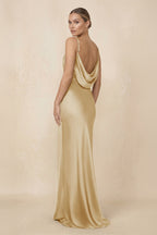 Robe demoiselle d’honneur champagne longue sans manches avec fente effet drapé - Harana
