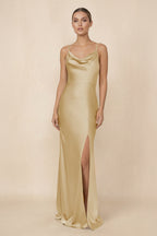 Robe demoiselle d’honneur champagne longue sans manches avec fente effet drapé - Harana