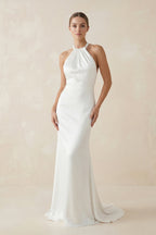 Robe de mariée ivoire sirène satinée dos nu sans manches - Harana