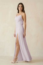 Robe demoiselle d’honneur mauve grisé longue à fines bretelles sans manches avec fente - Harana