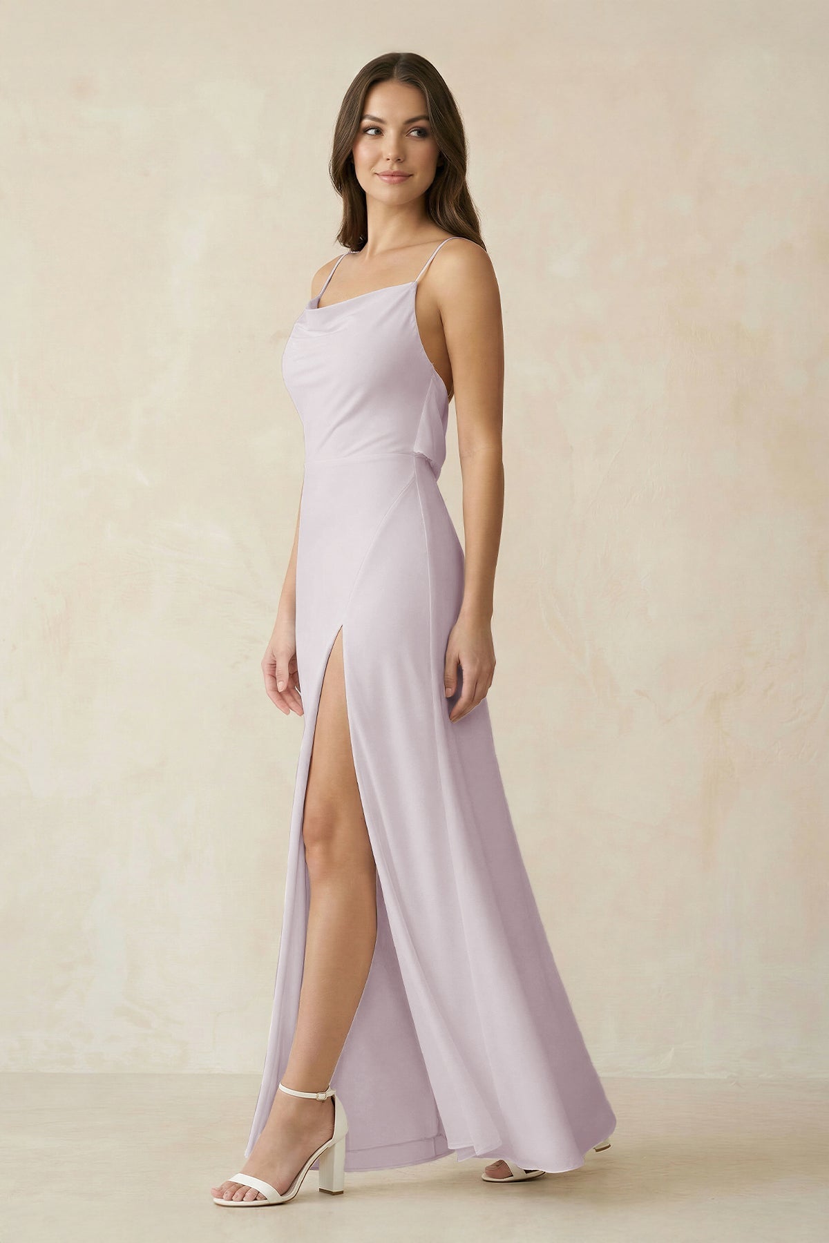 Robe demoiselle d’honneur mauve grisé longue à fines bretelles sans manches avec fente - Harana