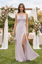 Robe demoiselle d’honneur mauve grisé longue à fines bretelles sans manches avec fente - Harana