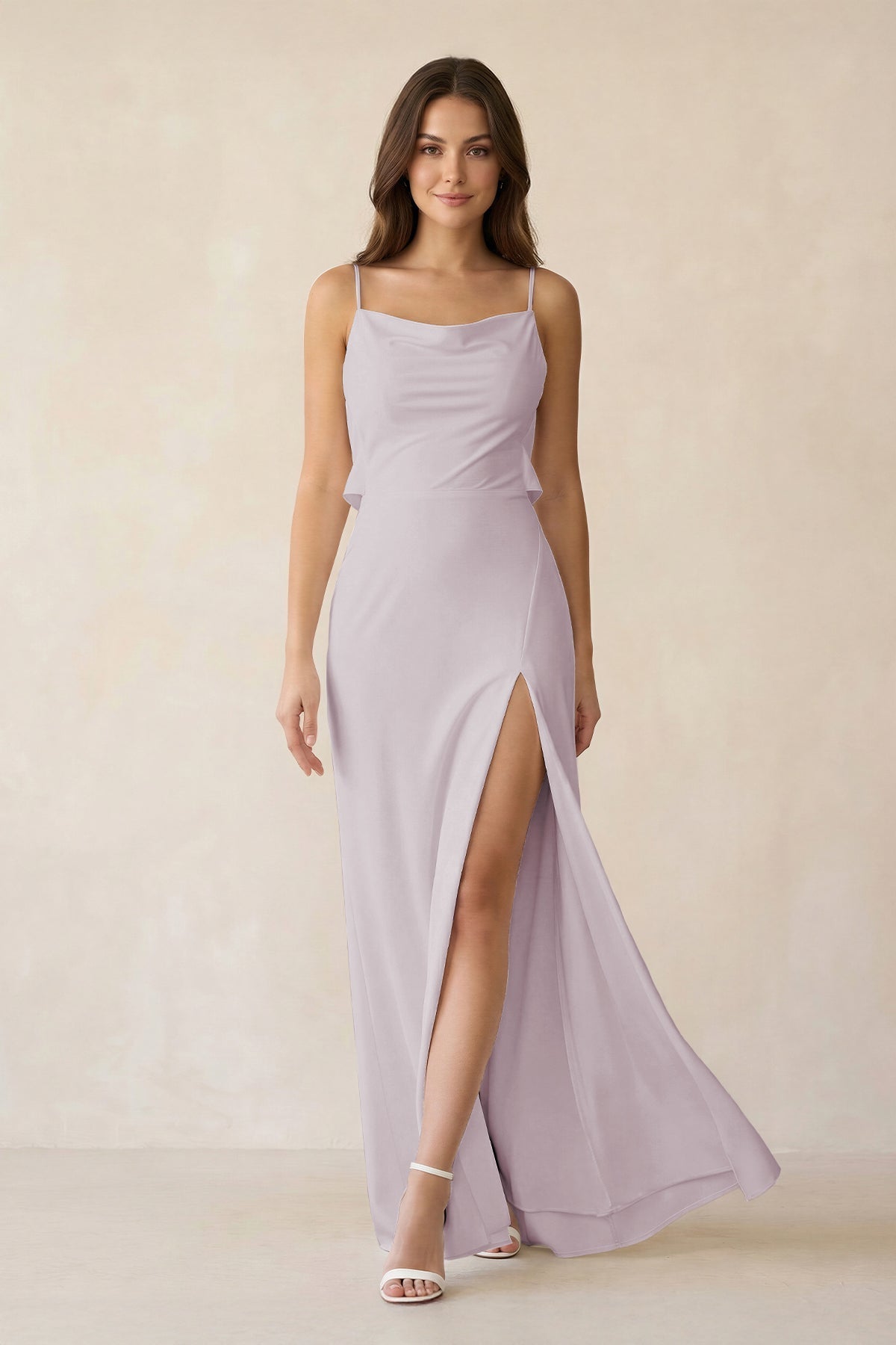 Robe demoiselle d’honneur mauve grisé longue à fines bretelles sans manches avec fente - Harana