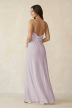 Robe demoiselle d’honneur mauve grisé longue à fines bretelles sans manches avec fente - Harana