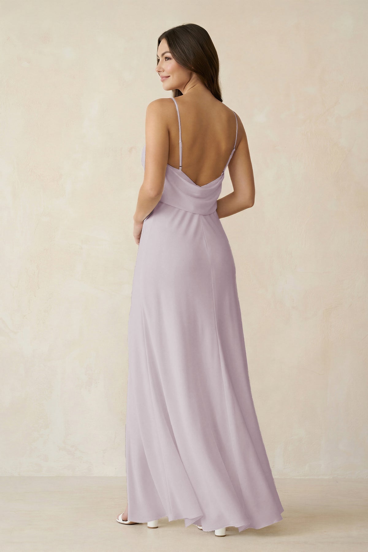 Robe demoiselle d’honneur mauve grisé longue à fines bretelles sans manches avec fente - Harana