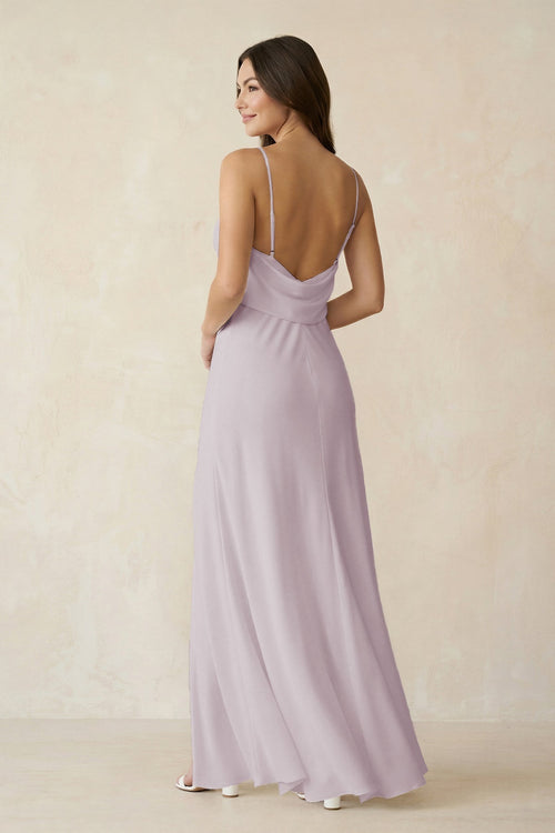 Robe de demoiselle d’honneur mauve grisé longue satinée coupe fourreau avec fente - Harana