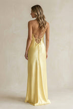 Robe demoiselle d’honneur pastel yellow longue à fines bretelles sans manches à dentelle - Harana