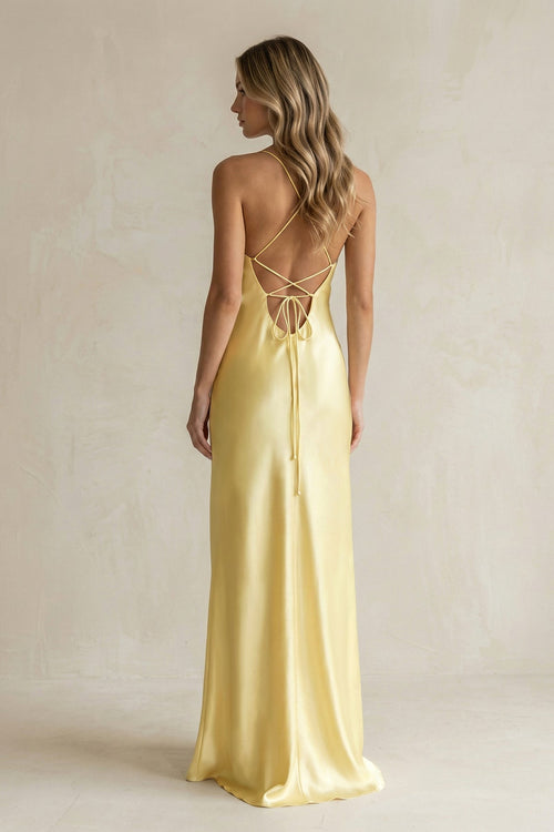 Robe de demoiselle d’honneur jaune pastel longue satinée coupe fourreau à fines bretelles - Harana