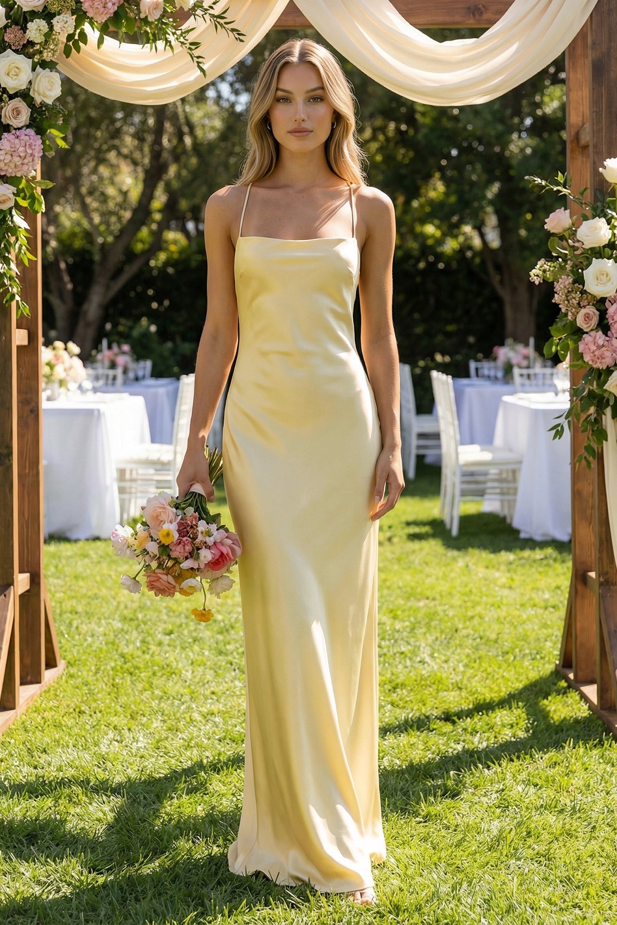 Robe demoiselle d’honneur pastel yellow longue à fines bretelles sans manches à dentelle - Harana