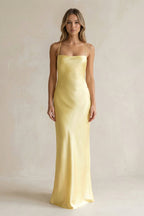 Robe demoiselle d’honneur pastel yellow longue à fines bretelles sans manches à dentelle - Harana