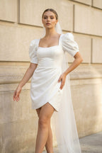 Robe de mariée blanche satinée coupe fourreau à manches courtes - Harana